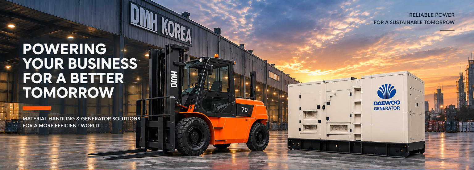 DMH Korea 70-class forklift with Daewoo generator at an industrial site