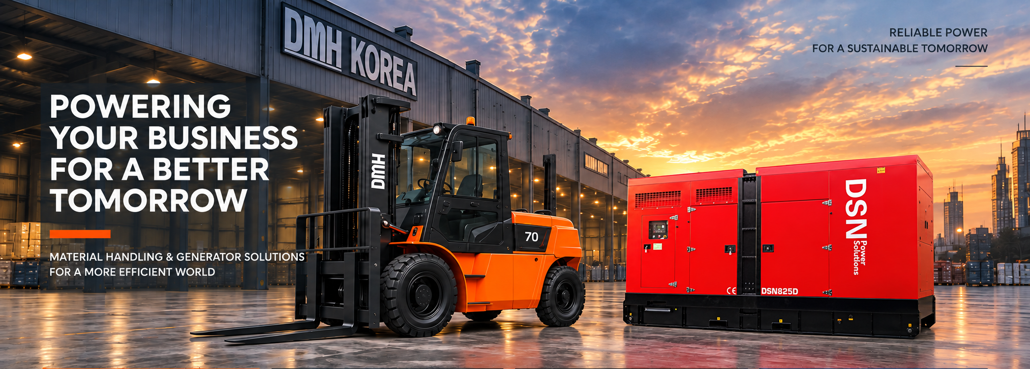 DMH Korea 70-class forklift with DSN825D generator at an industrial site