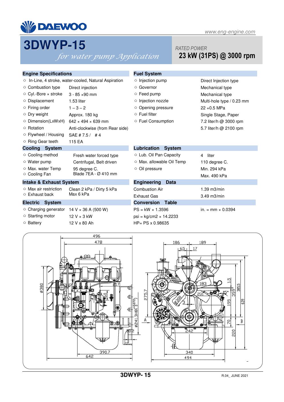 3DWYP-15 Daewoo diesel pump engine spec sheet