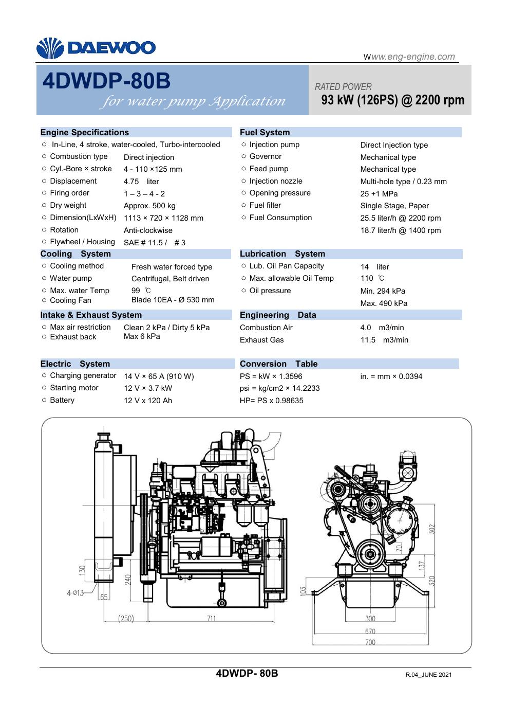 4DWDP-80B Daewoo diesel pump engine spec sheet