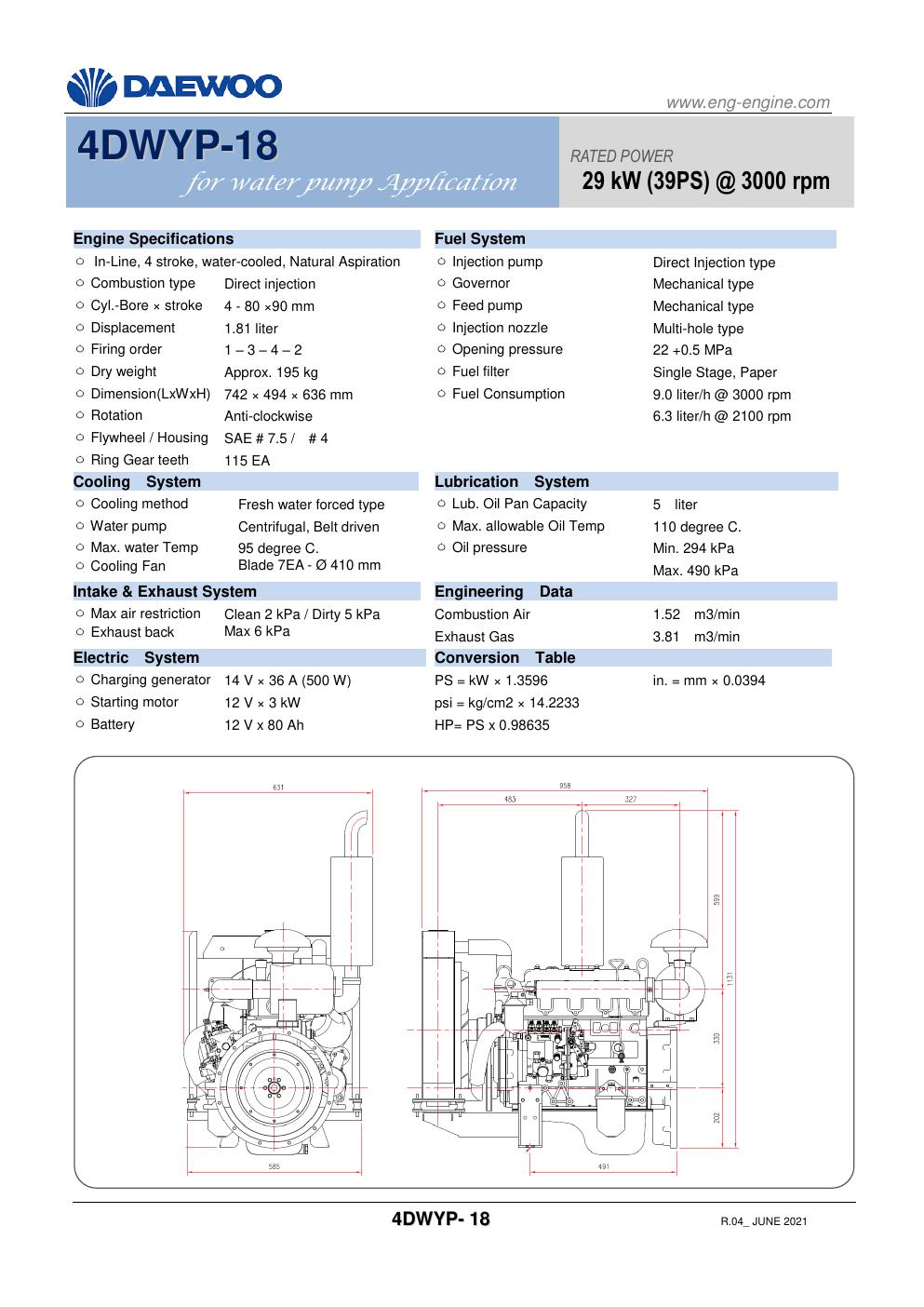 4DWYP-18 Daewoo diesel pump engine spec sheet