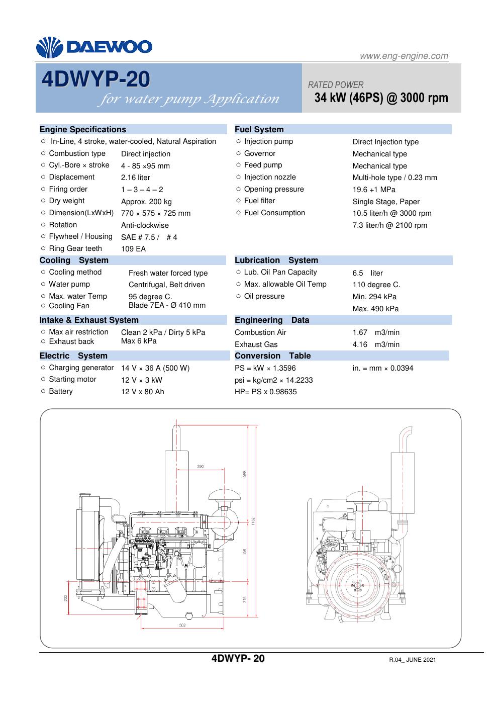 4DWYP-20 Daewoo diesel pump engine spec sheet