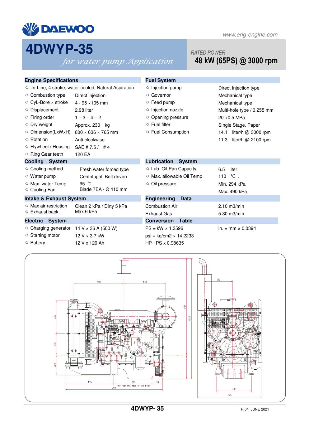 4DWYP-35 Daewoo diesel pump engine spec sheet