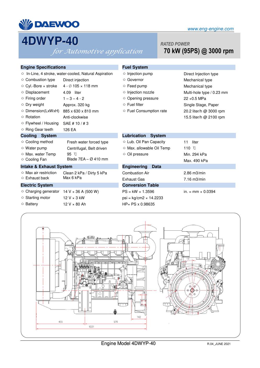 4DWYP-40 Daewoo diesel pump engine spec sheet