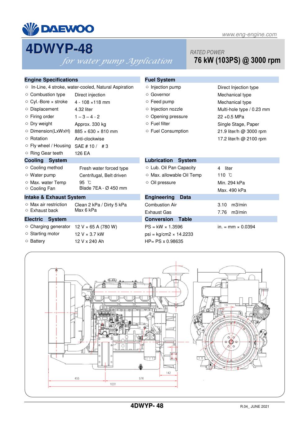 4DWYP-48 Daewoo diesel pump engine spec sheet