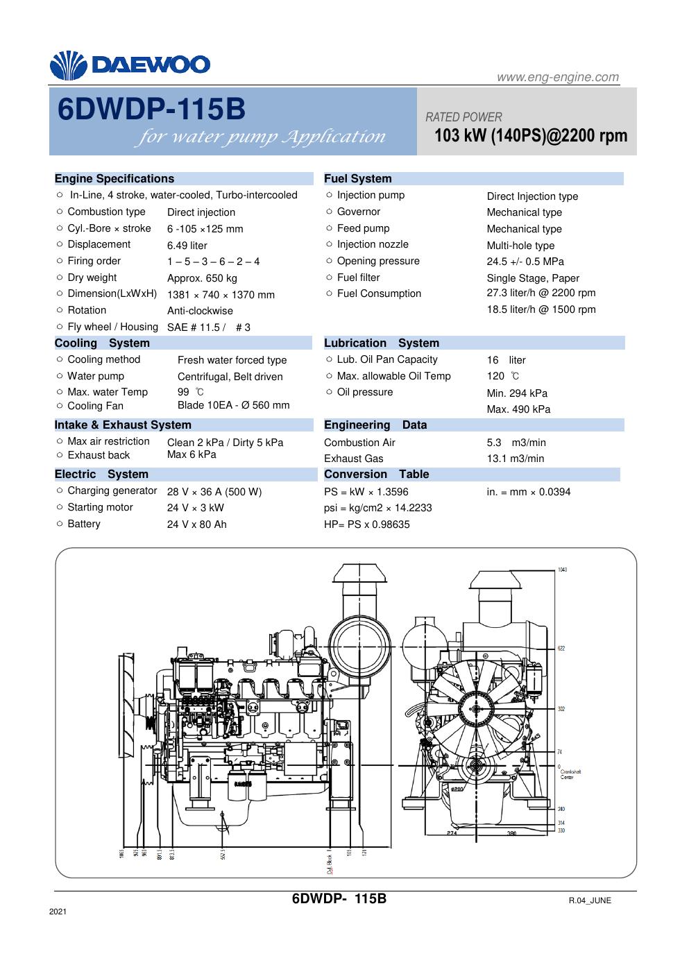 6DWDP-115B Daewoo diesel pump engine spec sheet