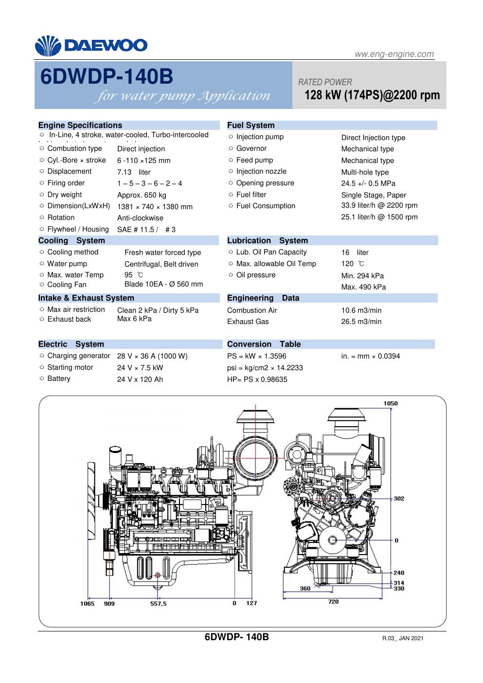 6DWDP-140B Daewoo diesel pump engine spec sheet