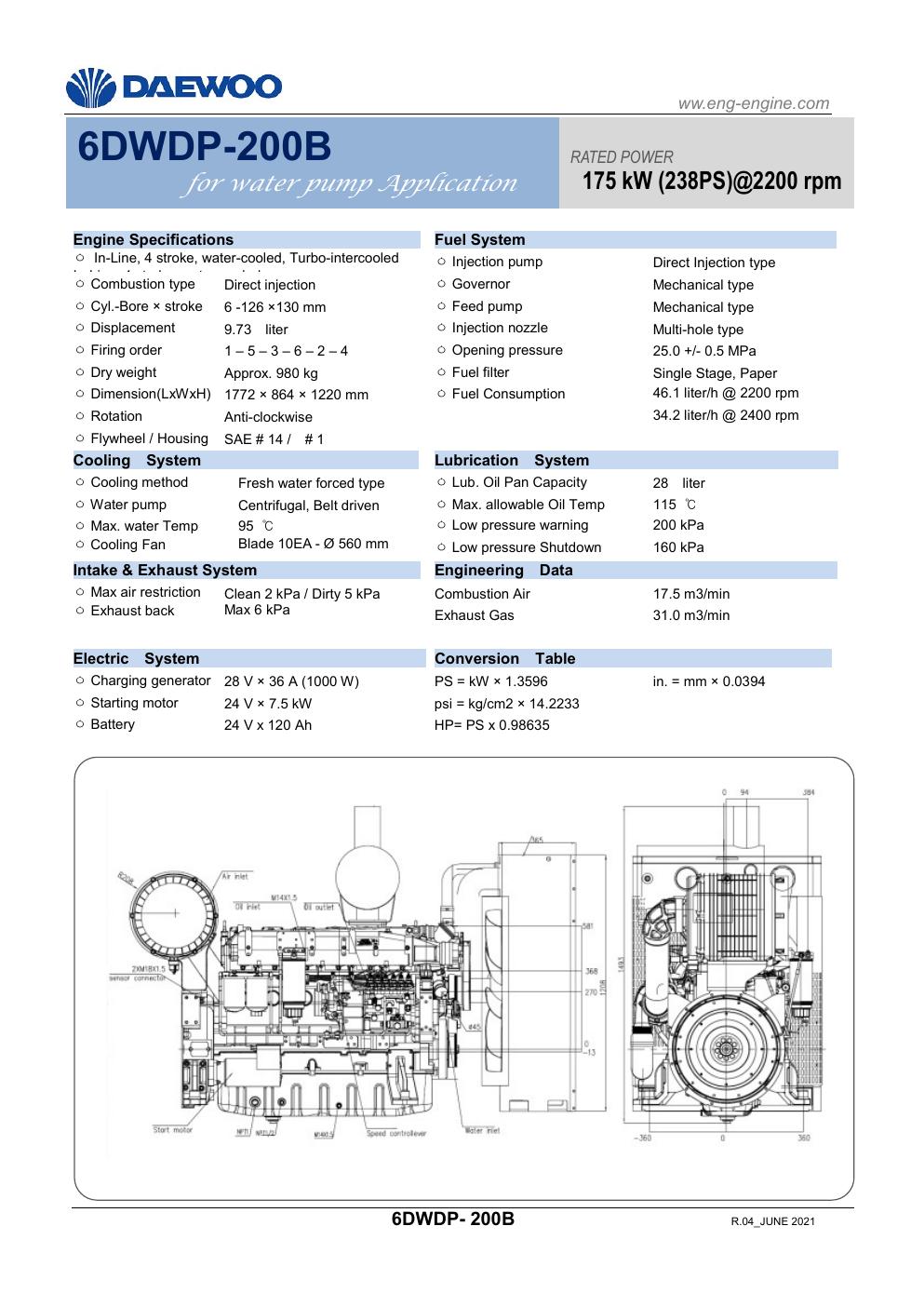 6DWDP-200B Daewoo diesel pump engine spec sheet