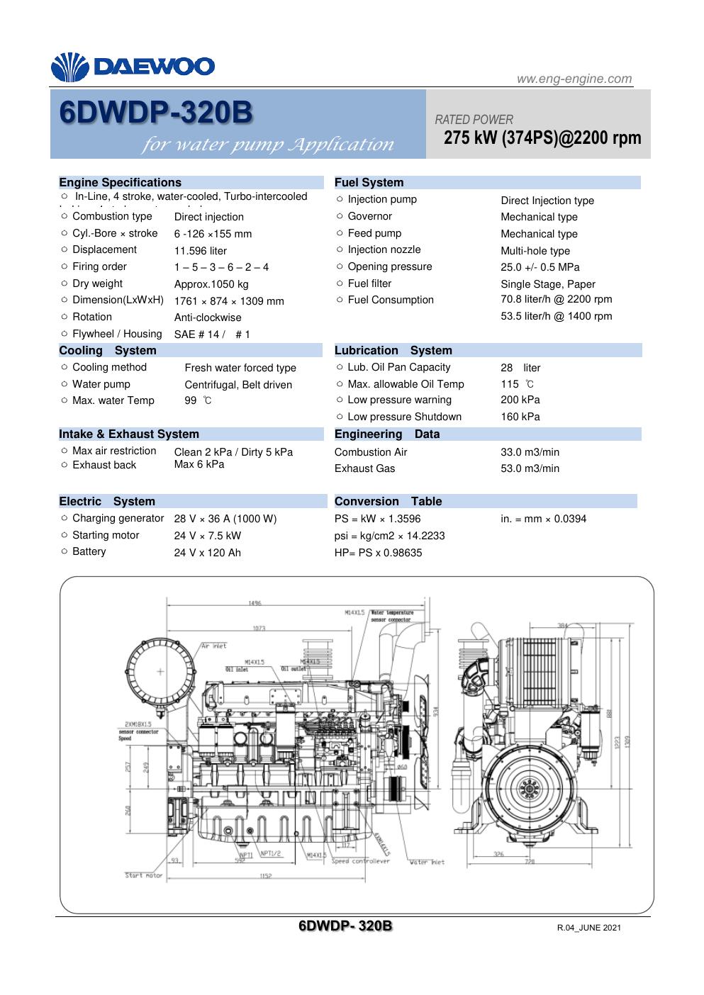 6DWDP-320B Daewoo diesel pump engine spec sheet