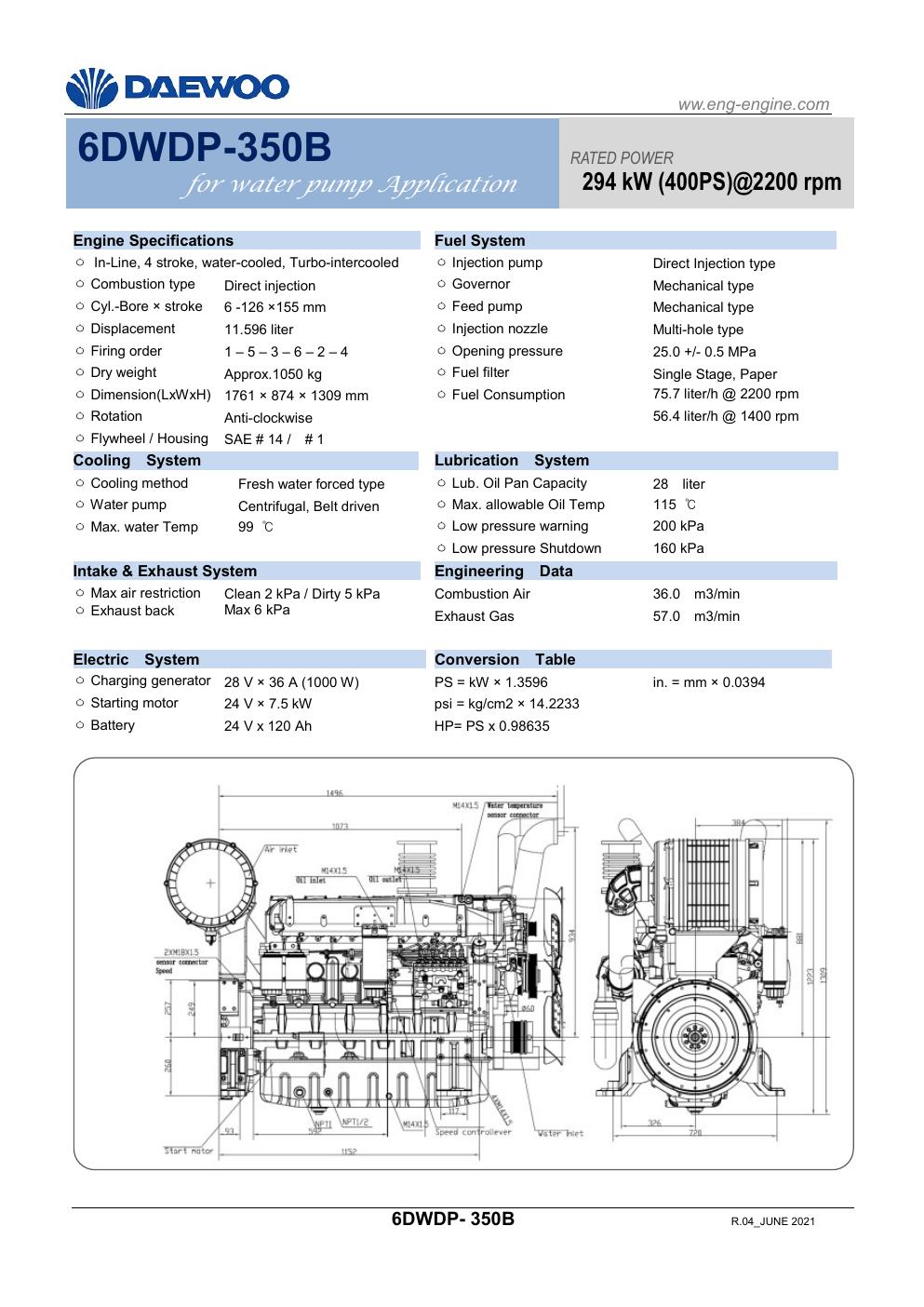 6DWDP-350B Daewoo diesel pump engine spec sheet